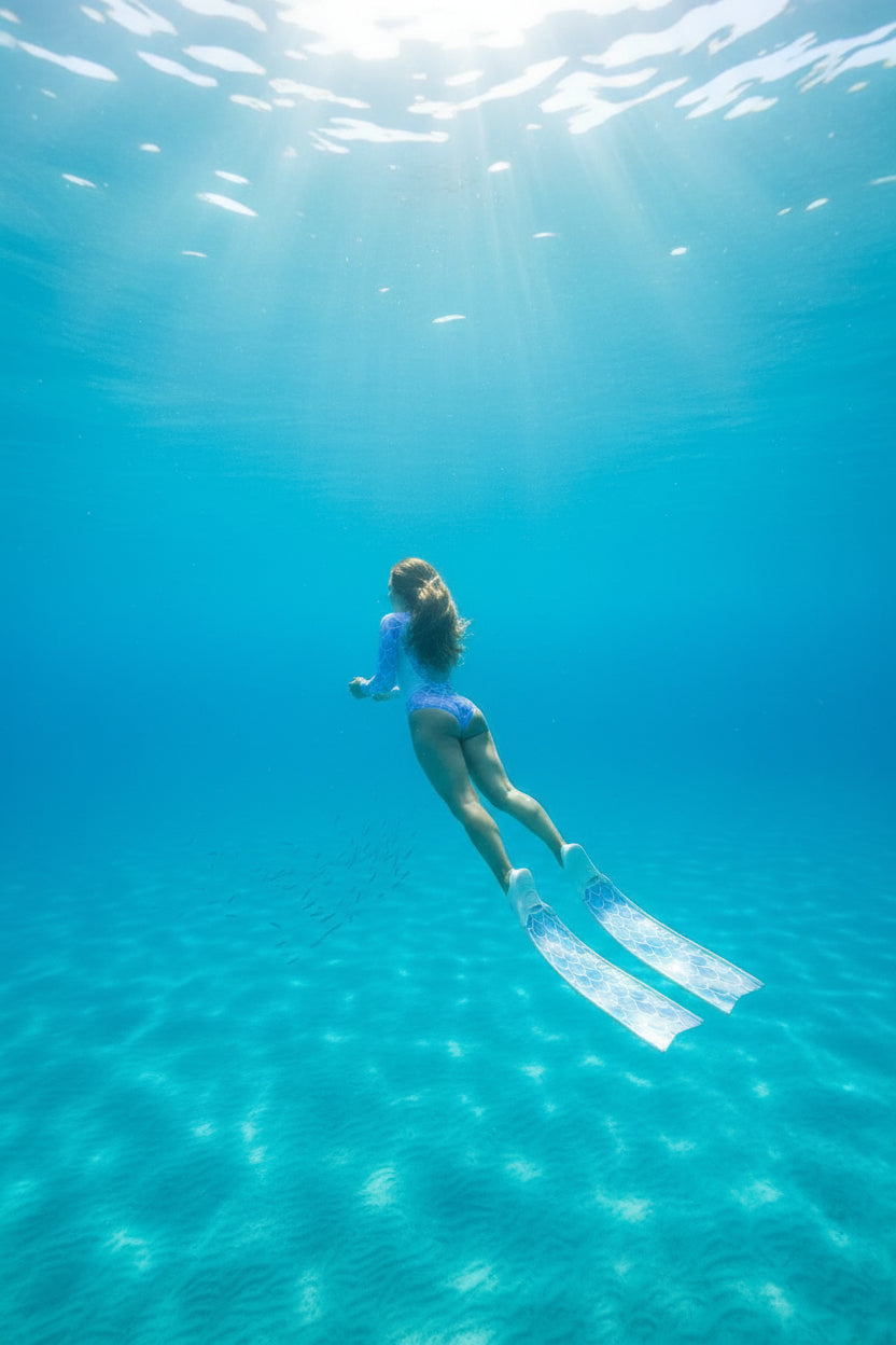 Freediver diving with Spierre Iridescent Scale ocean swim suit, matching Iridescent Scale carbon art fin blades