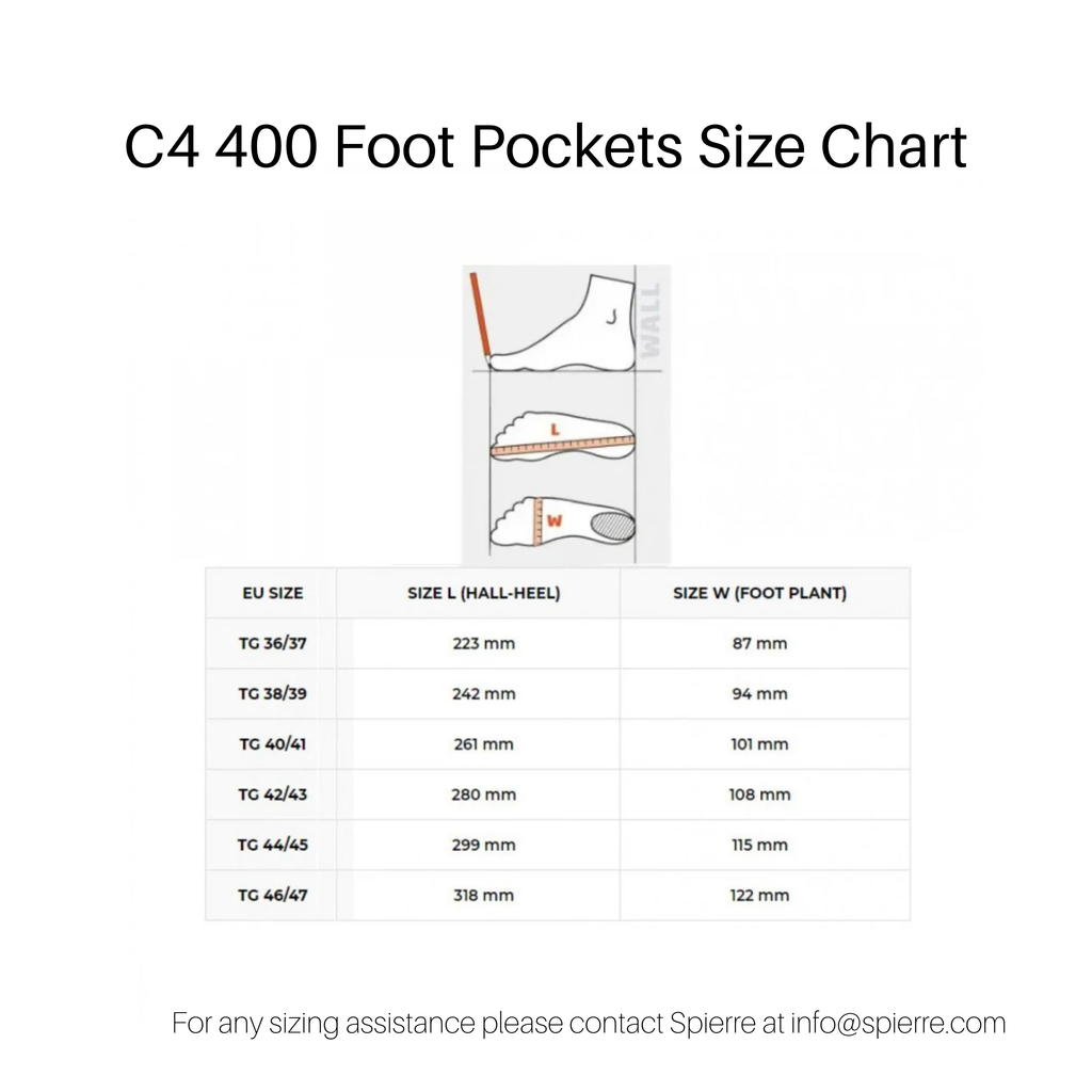 C4 400 Foot Pockets Size Chart for Spierre Fins