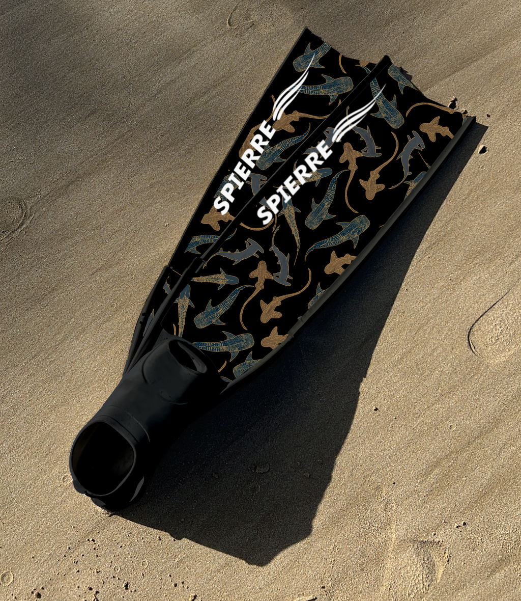 Spierre Carbon Art Shark Fam Midnight Design with Black Foot Pockets on Beach Sand