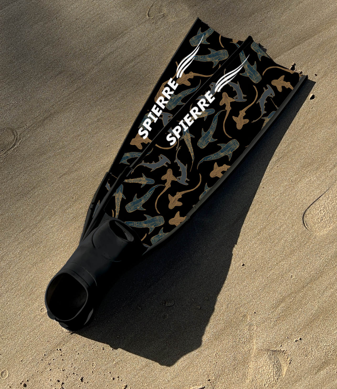 Spierre Carbon Art Shark Fam Midnight Design with Black Foot Pockets on Beach Sand