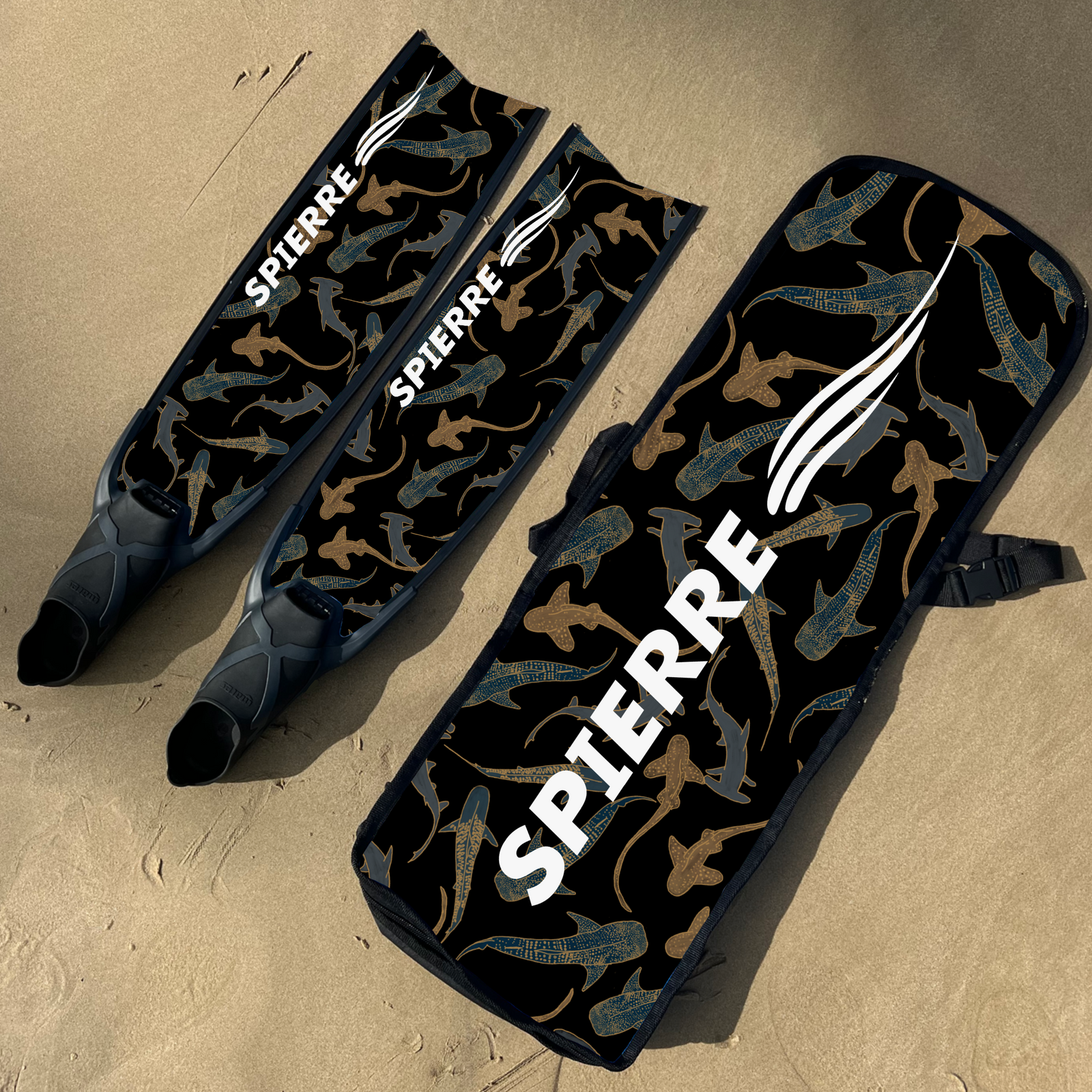 Spierre Carbon Art Shark Fam Midnight Design with Mares X-Wing Foot Pockets and Matching Design Fin Bag