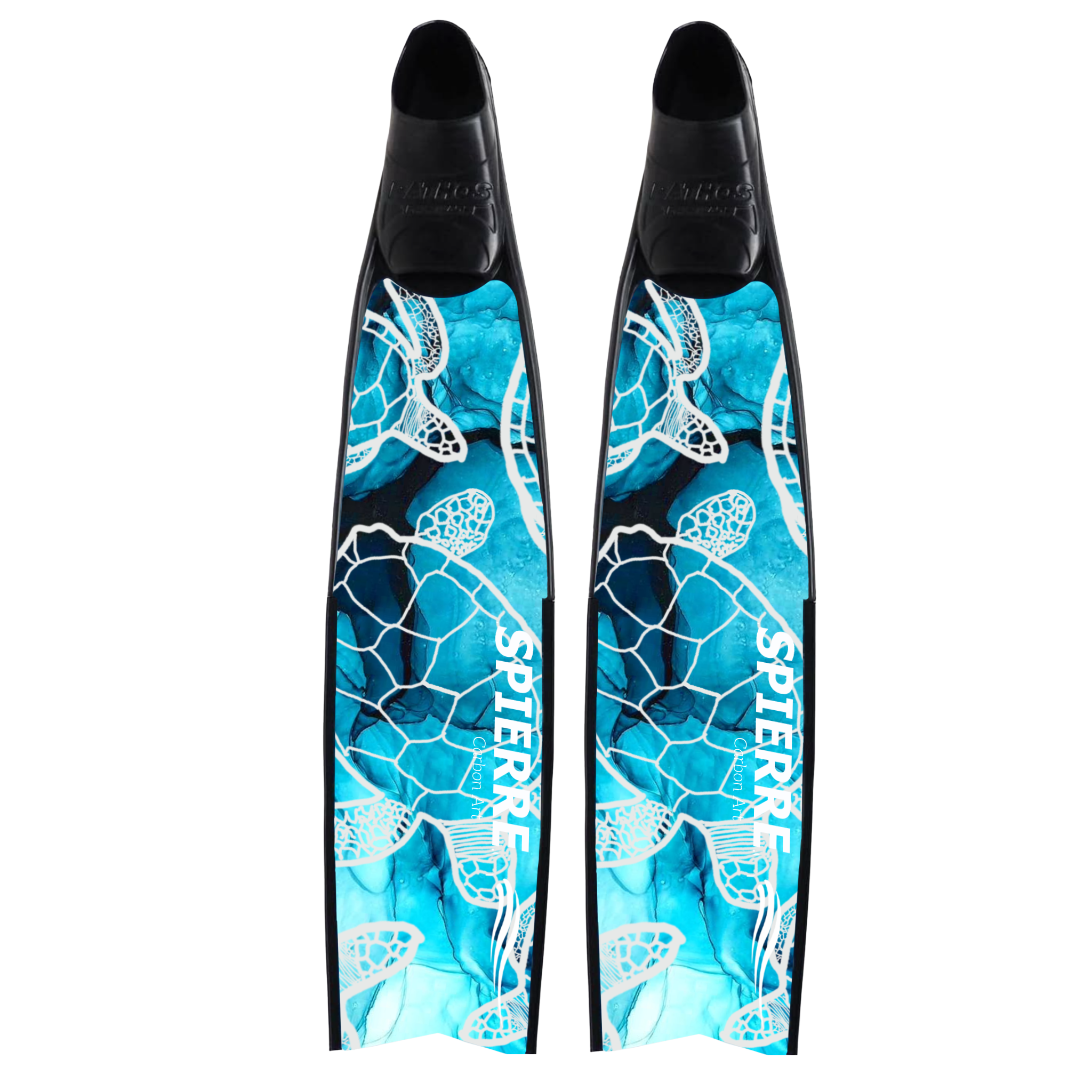 Spierre Carbon Art Turtle Tides Design Fin Blades that can be fitted to most universal foot pockets e.g. Mares X-Wing, Pathos, C4 400 (Black or White), Leaderfin Black or White etc.