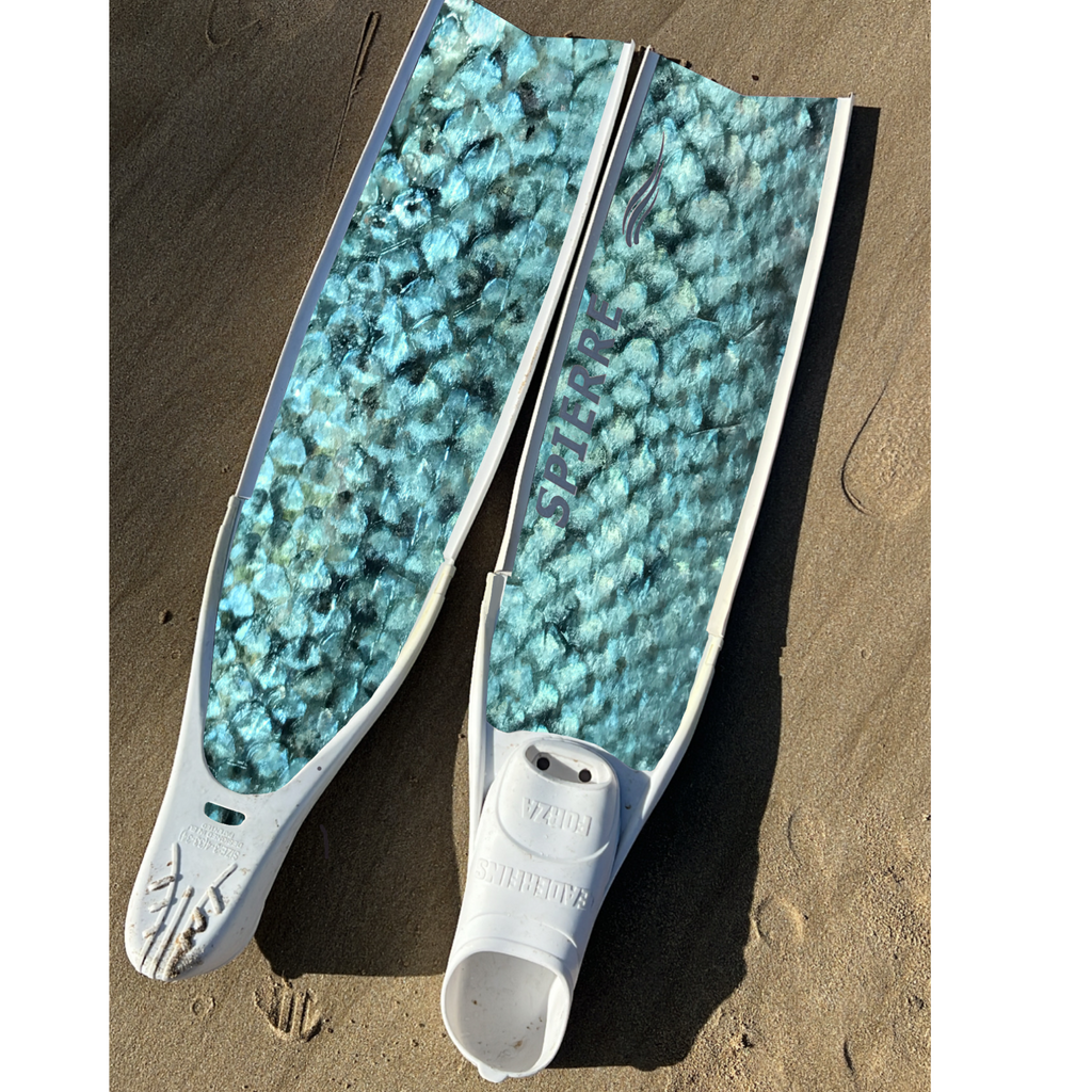 Spierre Apnea Range Carbon Art Fish Scale Design (set/pair) Fin Blades fitted to White Leaderfin Forza Foot Pockets