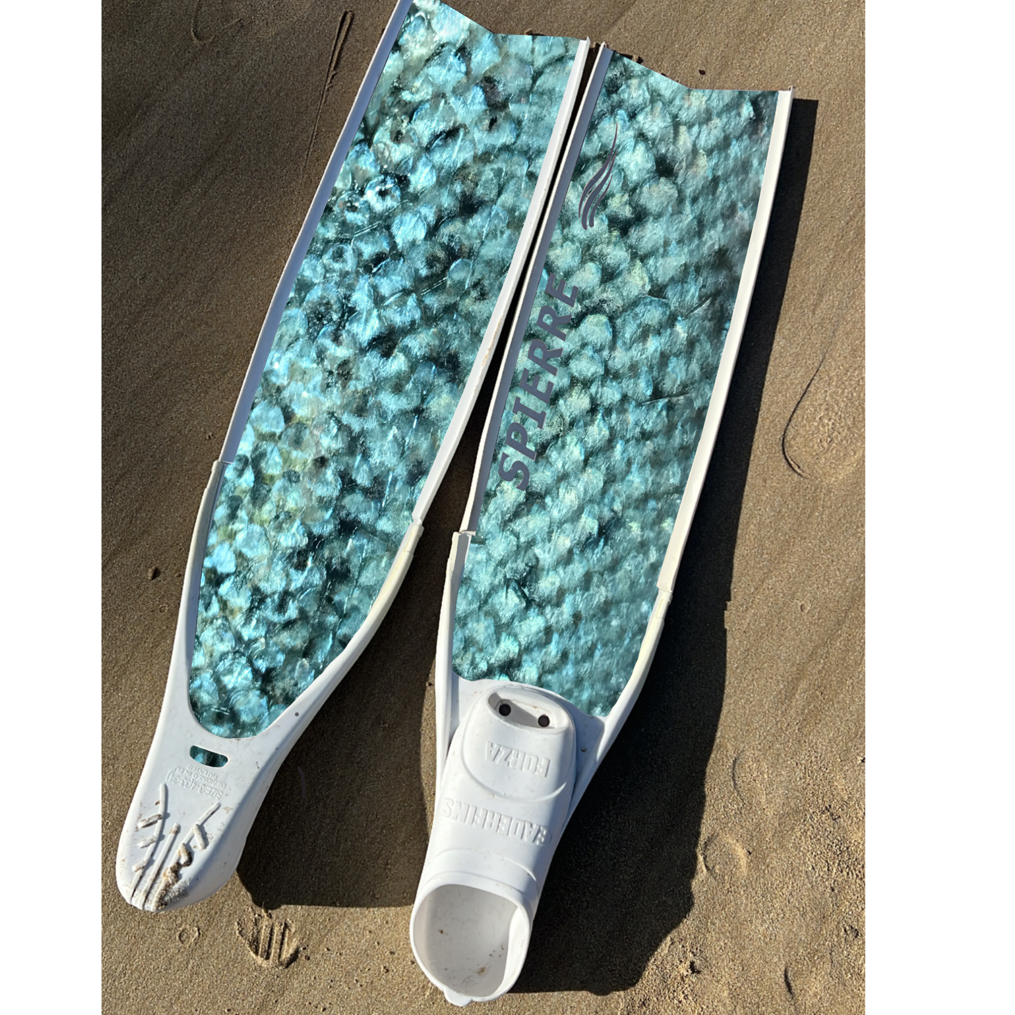 Spierre Apnea Range Carbon Art Fish Scale Design (set/pair) Fin Blades fitted to White Leaderfin Forza Foot Pockets