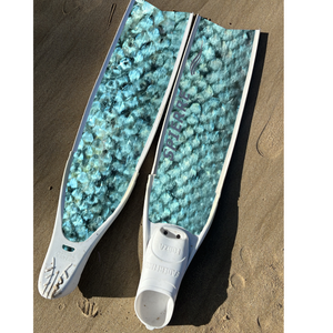Spierre Apnea Range Carbon Art Fish Scale Design (set/pair) Fin Blades fitted to White Leaderfin Forza Foot Pockets