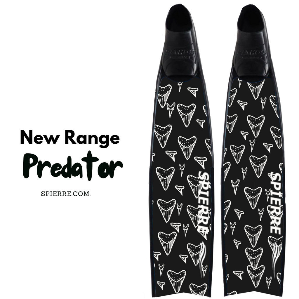 Spierre Carbon Art Dark Predator Design Fin Blades fitted to Black Pathos Foot Pockets