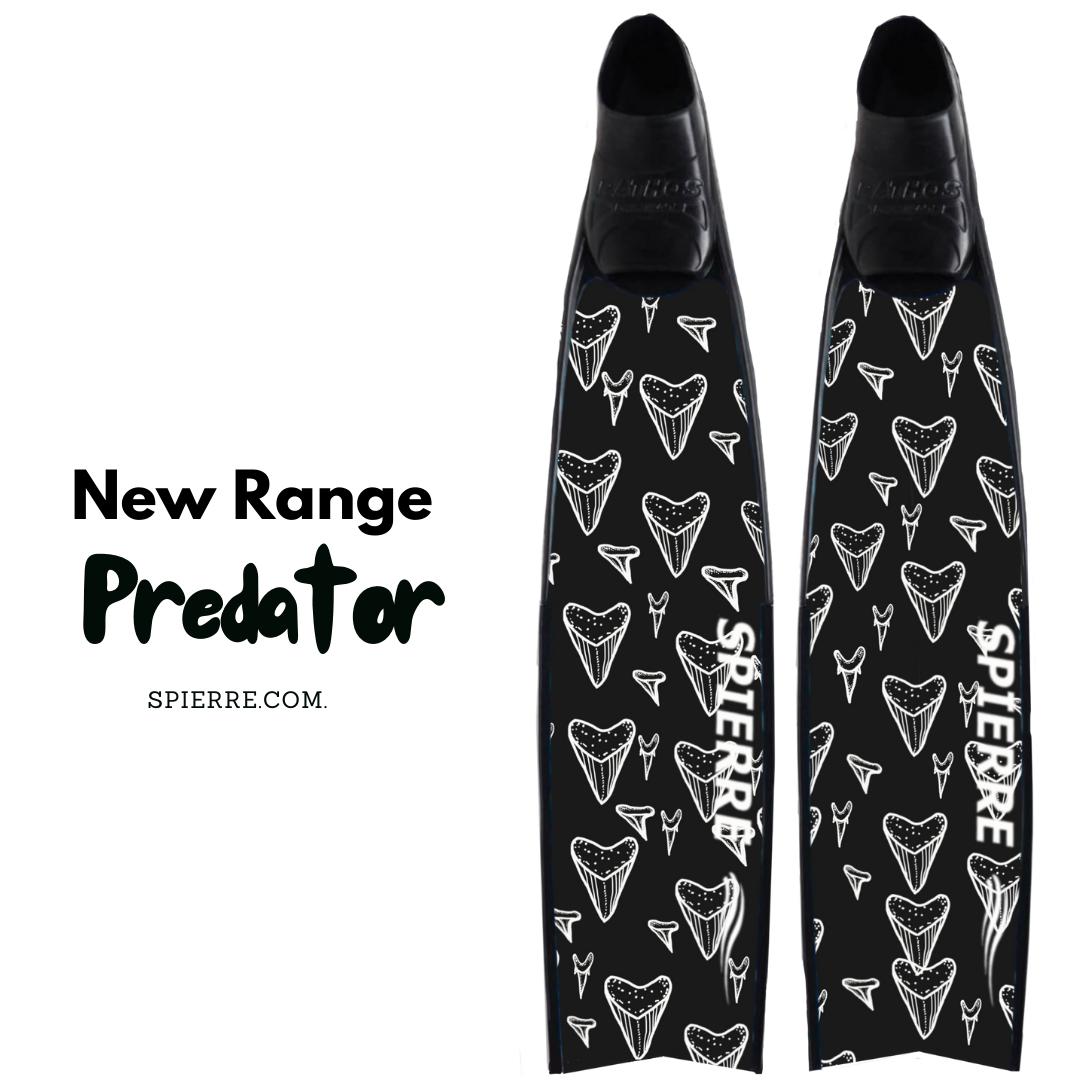 Spierre Carbon Art Dark Predator Design Fin Blades fitted to Black Pathos Foot Pockets