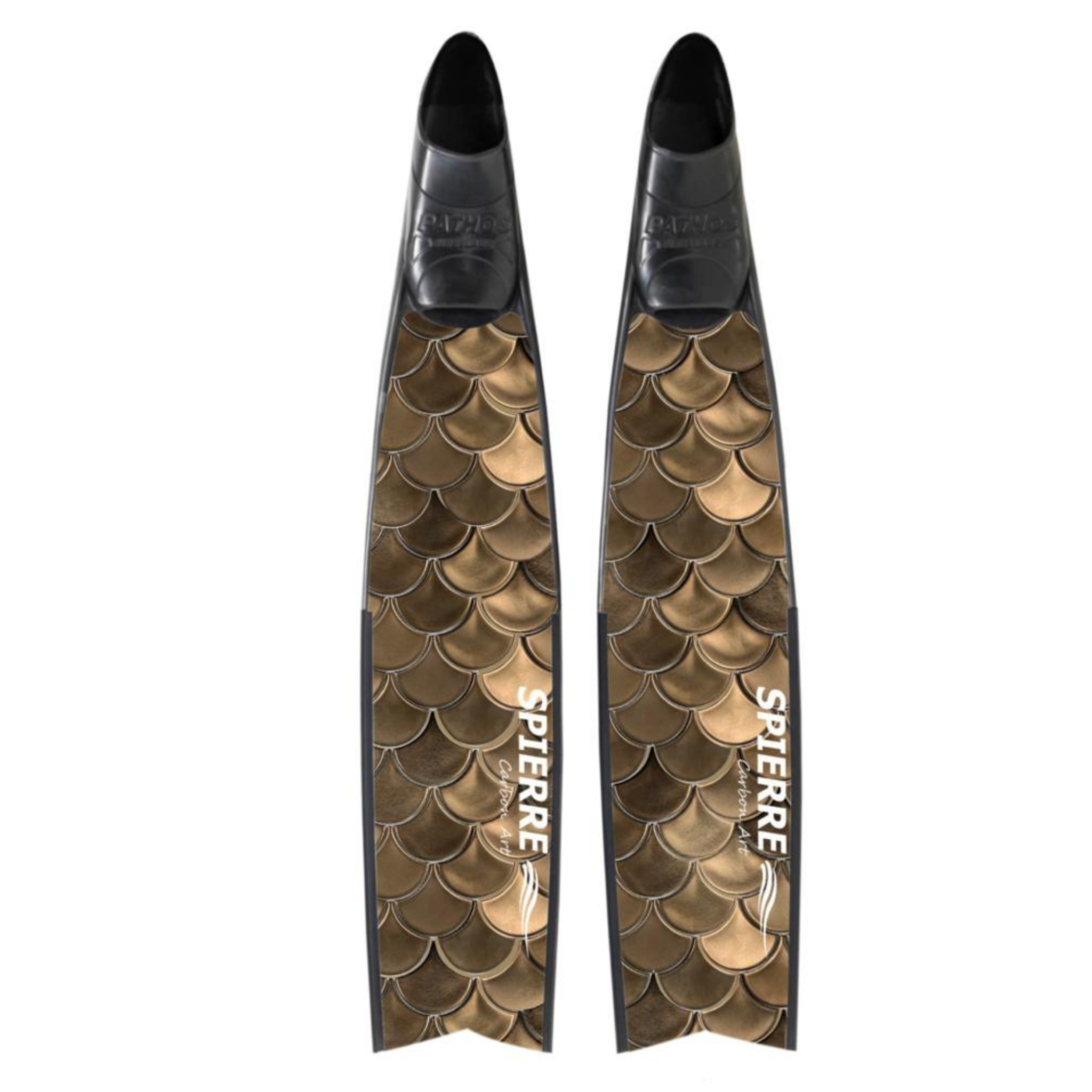 A pair of Spierre carbon art fin blades with a mermaid scale design/pattern in gold color. Best Carbon fins fro freediving
