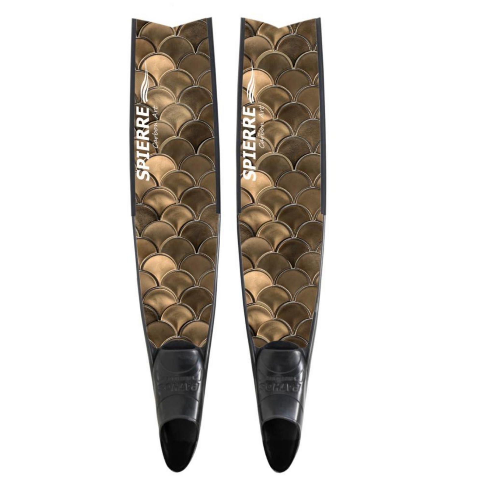 A pair of Spierre carbon art fin blades with a mermaid scale design/pattern in gold color. Best Carbon fins fro freediving