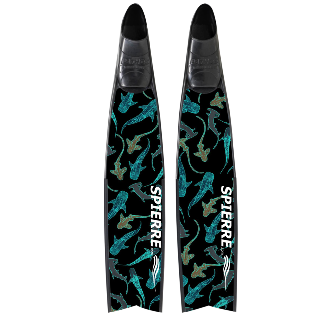 Spierre Apnea Fins - Carbon Art Iridescent Shark Fam Design, shimmering shark-print Carbon Blades
