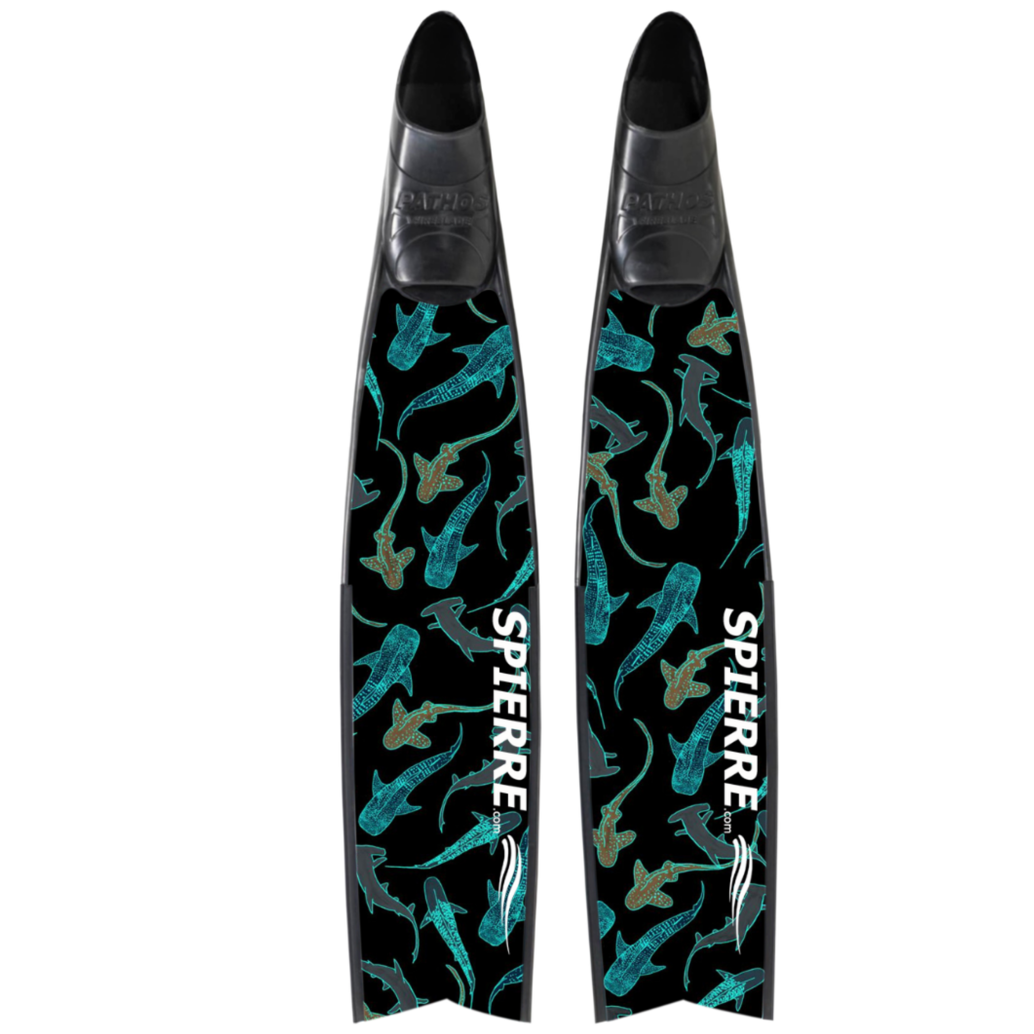 Spierre Apnea Fins - Carbon Art Iridescent Shark Fam Design, shimmering shark-print Carbon Blades
