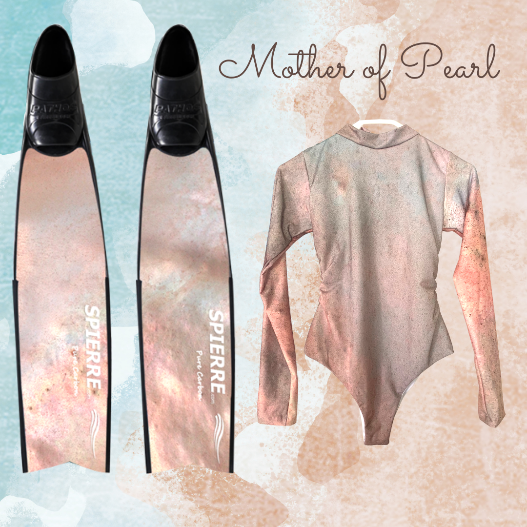 Spierre Lycra Mother of Pearl Design Ocean Swim Suit with Spierre Carbon Art Fins with Pathos Foot Pockets